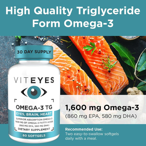 Viteyes Omega-3 TG, Supports Eye & Heart Health, Natural Triglyceride Fish Oil Formula, 60 Count