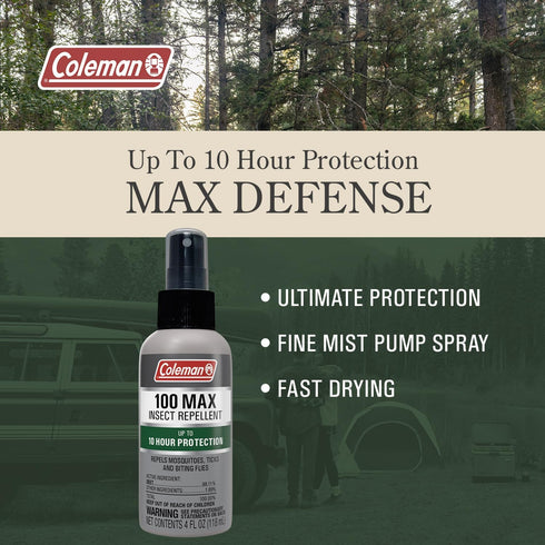 Coleman Insect Repellent Spray - 100% MAX DEET Insect Repellent Pump Spray, protection against ticks, mosquitoes, chiggers, gnats, fleas and flies, ideal for camping, hiking, outdoor activities, 4oz
