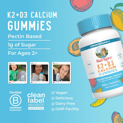 MaryRuth Organics Calcium with Vitamin D & K2, 60 Count Gummies, Vegan, Non-GMO, 2 Month Supply for Bone Health