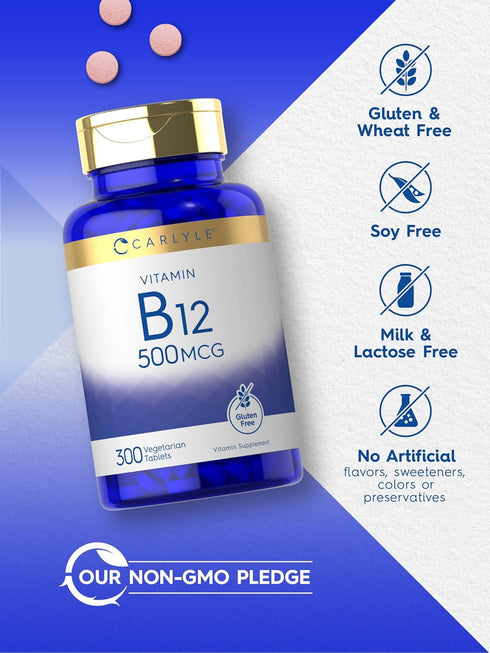 Carlyle Vitamin B-12 500mcg | 300 Tablets | Gluten Free, Vegetarian, Non-GMO Supplement
