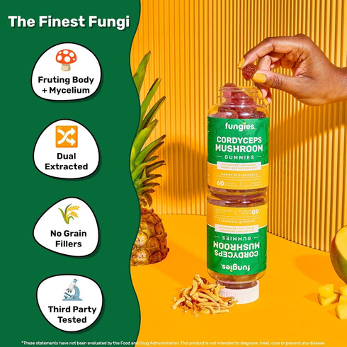 Cordyceps Mushroom Gummies for Adults | 60 Servings | Mango & Pineapple | Mushroom Energy Gummies for Focus | Super