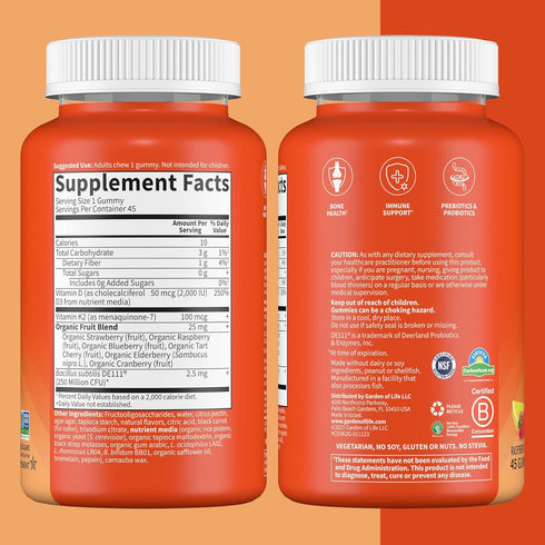 Garden of Life Vitamin D3+K2 Gummies - 45 Raspberry Lemon Gummies, 2000 IU D3 & 100mcg K2 for Bone Health