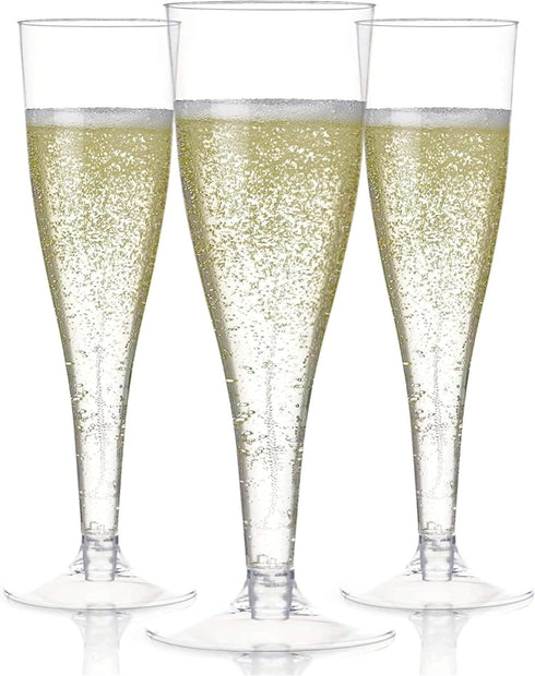 Prestee Set of 24 Clear Plastic Champagne Flutes, 4.5 oz Shatterproof Disposable Glasses for Celebrations