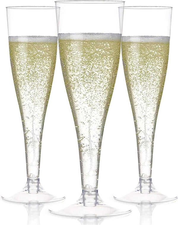 Prestee Set of 24 Clear Plastic Champagne Flutes, 4.5 oz Shatterproof Disposable Glasses for Celebrations