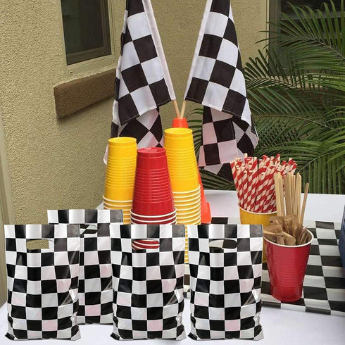 LYT 30 PCS Black and White Checkered Racecar Gift Bags - Birthday Party Supplies for Kids Race Car Theme