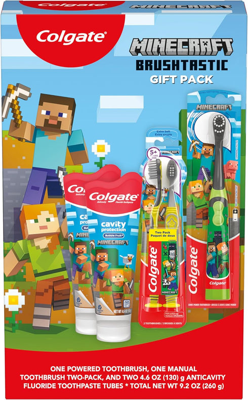 Set, 2 2 Colgate Kids Minecraft Toothbrush and Kids Toothpaste Gift Includes Minecraft-Themed Battery Toothbrush