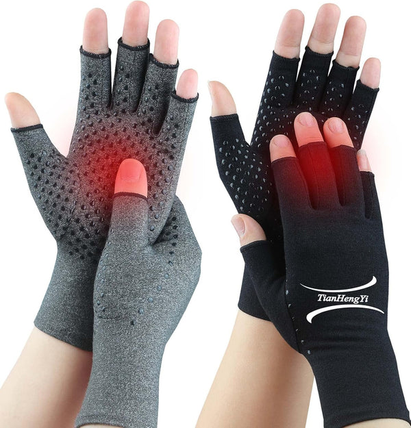 2 Pairs Arthritis Gloves - Compression Gloves for Pain Relief, Fingerless Hand Gloves for Men & Women, Medium