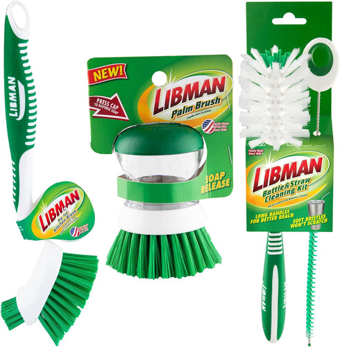 Libman Bottle & Dish Brush Kit, 3 Different Brushes & Straw Cleaner for Kitchen Use