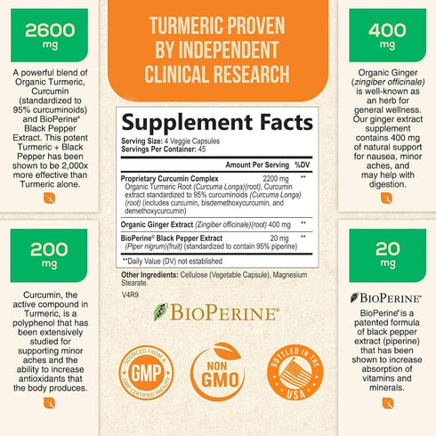 Turmeric Curcumin with BioPerine & Ginger 95% Curcuminoids 2600mg - Natural Joint & Heart Support, Black Pepper for Max Absorption - Health Nutrition Turmeric Extract Supplement - 180 Capsules