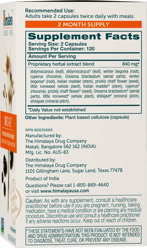Himalaya UriCare Herbal Supplement for Kidney & Bladder Support, 240 Capsules, Caffeine Free, Non-GMO