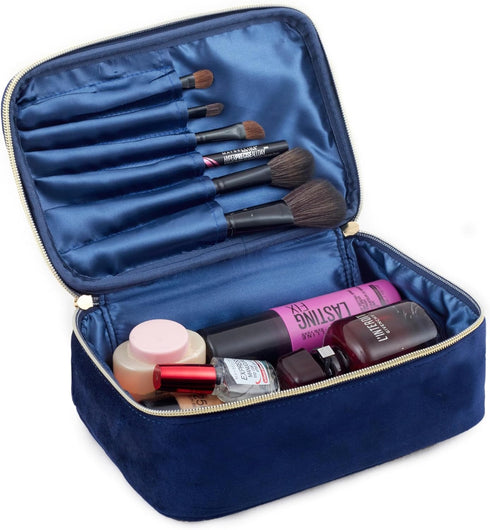 KOPY Velvet Makeup Bag for Women, Large Classy Makeup Organizer, Portable Travel Toiletry Bag with Handle (Navy)