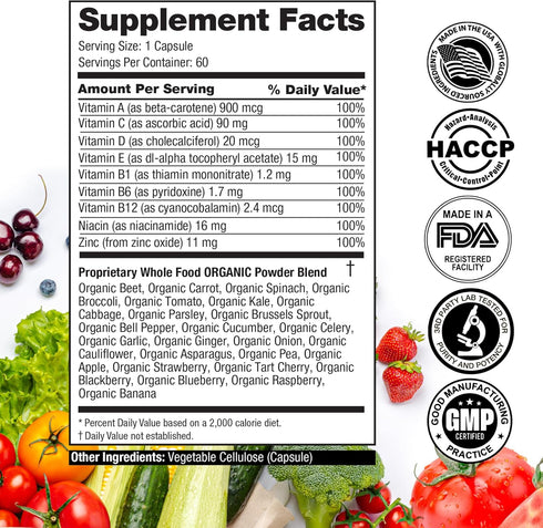Vita Fruits and Veggies Capsules, 25 Superfood Ingredients, 60 Count Multivitamin for Men and Women