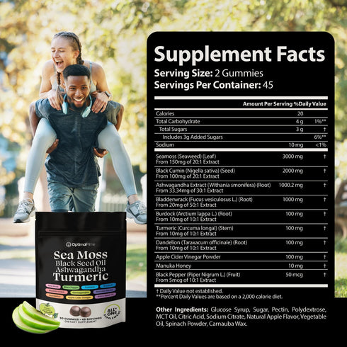 Optimal Prime Sea Moss Gummies, 3000mg Sea Moss, 2000mg Black Seed, 1000mg Ashwagandha, 90 Vegan Gummies
