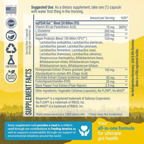 PeakBiotic Vegan Synbiotic with 50 Billion CFU Probiotics, Prebiotics, Postbiotics, 60 Capsules for Gut Health