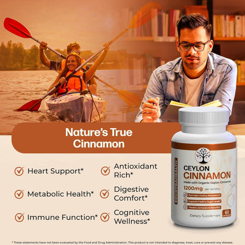 Ceylon Cinnamon Supplement - Certified Organic, Non-GMO, Gluten Free, Supports Healthy Metabolism, 60 Vegan Capsules