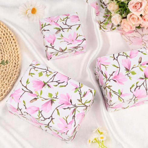 100 Sheets Pink Magnolia Flowers Printed Tissue Paper, Floral Pattern and Leaves Art Decorative Tissue for Gift Wrapping