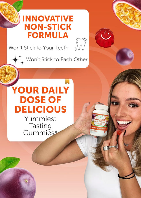 Vitamin E Gummies with Vitamin C | 60 Count | 250mg (400IU) Vit E | Antioxidant, Skin & Eye Health Support, Non-GMO