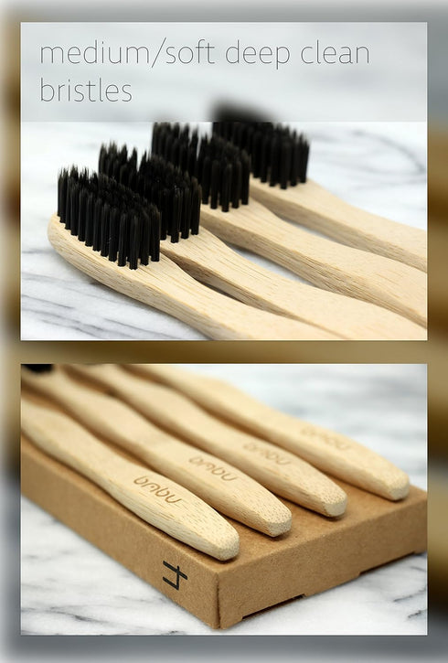 bmbu Bamboo Toothbrush 4 Pack - Medium/Soft Charcoal Bristles, Wooden Handle, Eco-Friendly Vegan Gift Idea