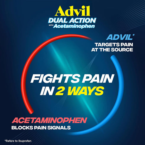 Advil Dual Action Coated Caplets with 250 Mg Ibuprofen & 500 Mg Acetaminophen, 2 Count x 50 for 8 Hour Pain Relief