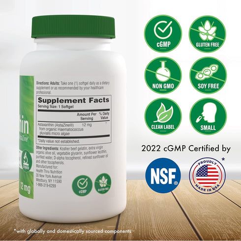 Health Thru Nutrition Astaxanthin Triple Strength - 120 Softgels, 12mg AstaZine from Algae for Skin and Vision Support