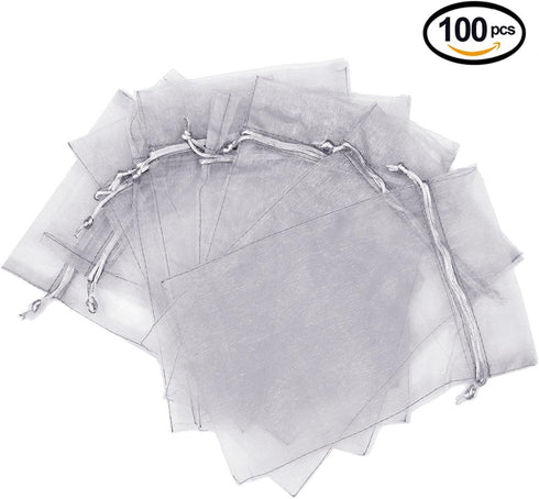 Wudygirl 100pcs Sheer Grey Organza Bags 5 x 7 Inch - Drawstring Transparent Jewelry Pouches for Party Favors
