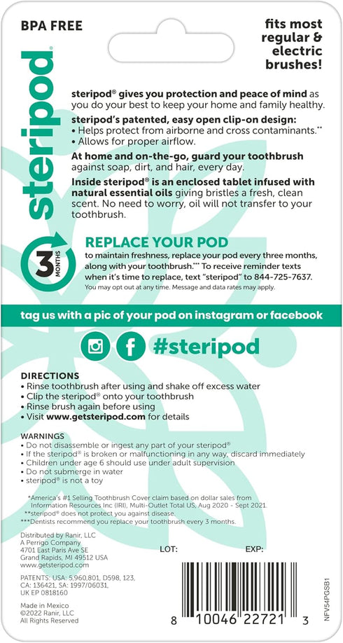 Steripod Clip-On Toothbrush Protector - Keeps Toothbrush Fresh with Orange Essential Oils, 2 Count