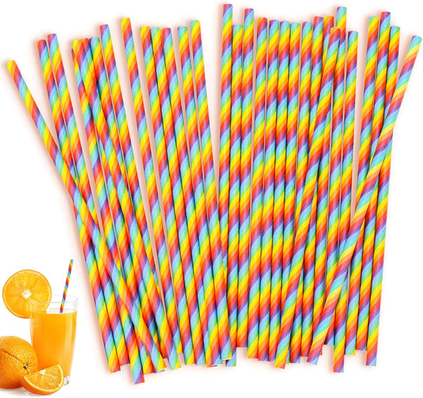Skrfren 100 Pack 7.7 Inches Striped Straws Paper Assorted Rainbow Colors Striped Drinking