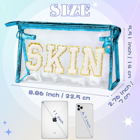 Preppy Patch Cosmetic Case - Blue White Varsity SKIN Letter Bag, Classy Waterproof Clear PVC Multi-Function Pouch for