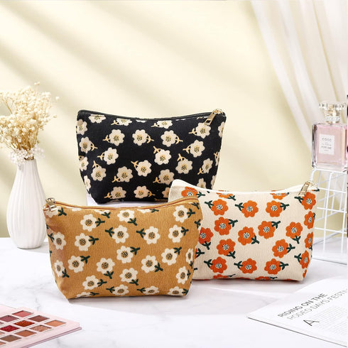 Photect 3 Pcs Floral Makeup Bag, Corduroy Small Pouch, Canvas Cosmetic Mini Toiletry Zipper Bags