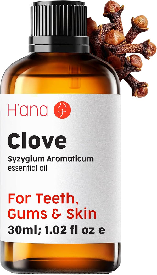 H’ana Clove Oil for Teeth and Gums, 100% Pure Natural Clove Essential Oil for Hair, Skin, Toothaches, 1 Fl Oz