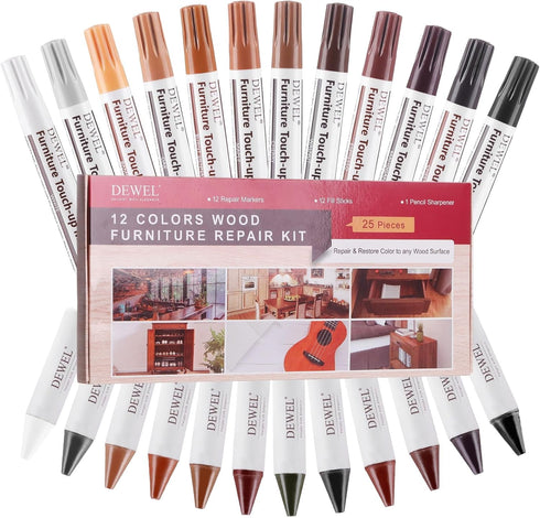 DEWEL Wood Furniture Markers & Filler Sticks Repair Kit, New Improved 12 Colors Touch Up Markers and Crayons - Covering Damaged Wooden Surfaces and Floors, for Pets Scratches, Stains, Cracks and Dents by DEWEL