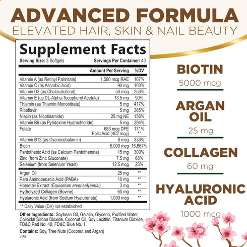 Hair Vitamins for Women, Ultra Strength 5000mcg Biotin Collagen & More - Premium Hair Growth, Skin, Nails & Keratin Support Supplement, Infused with Argan Oil & Hyaluronic Acid, Non-GMO - 120 Softgels