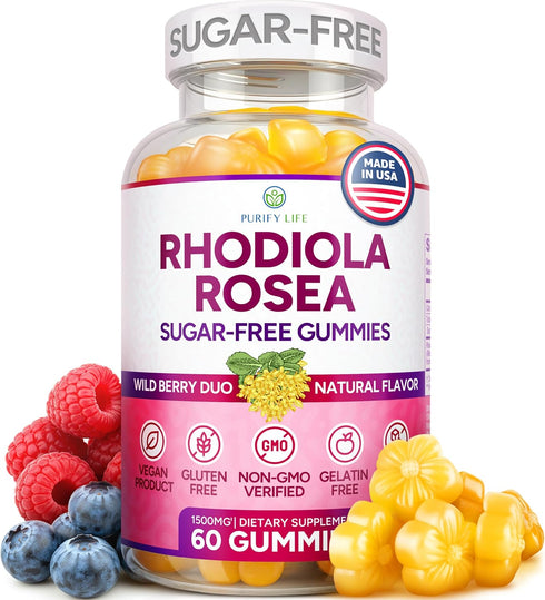 Purify Life Sugar-Free Rhodiola Rosea Gummies (1500mg/Serving) Cortisol Detox & Adrenal Support Rhodiola Rosea