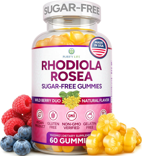 Purify Life Sugar-Free Rhodiola Rosea Gummies (1500mg/Serving) Cortisol Detox & Adrenal Support Rhodiola Rosea