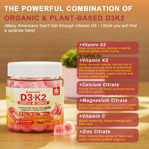 Sugar-Free Vitamin D3 K2 Filled Gummies, 5000IU / 10,000 IU with Calcium, Magnesium Citrate, Vitamin C, Vegan