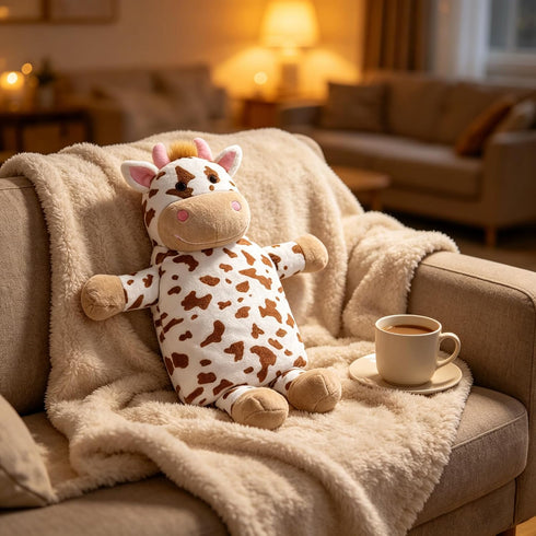 ITODA Mini Hot Water Bottle Warmer with Cute Cow Stuffed Animal Cover, Waist Neck Shoulder Hot and Cold Water Bag