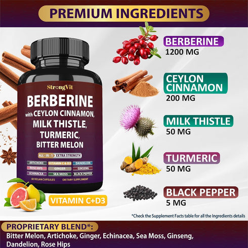 Immunity Berberine with Ceylon Cinnamon Supplement, Milk Thistle, Turmeric Bitter Melon for Digestion, & Entire Body