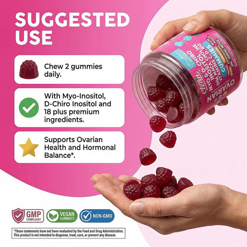 Gummies D3 B12 60 Count OVA Bloom Ovarian Support Myo Inositol D-Chiro Inositol Choline Flax Biotin Riboflavin Thiamin