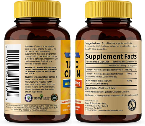Sandhu Herbals Organic Turmeric Curcumin 120 Capsules with Bioperine Black Pepper Extract Supplement |Made in The USA| 1500mg Joint Support with 95% Curcuminoids