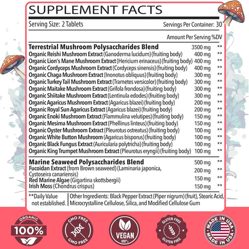 Sublingual Mushroom Complex 4000mg, 18-in-1 Lions Mane Mushroom Supplement with Reishi, Cordyceps, Chaga, Turkey Tail & Seaweed, Mushrooms for Immunity, Energy, Memory, Focus & Longevity - 60 Tablets
