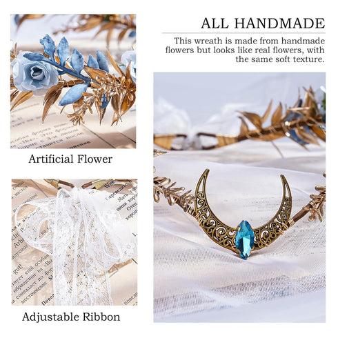 MOSTORY Gold Flower Moon Crown - Handmade Fairy Floral Headpiece Woodland Headband for Renaissance Wedding