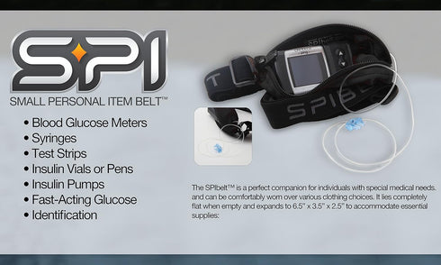 SPIbelt Diabetic Running Belt for Adults, Adjustable Waist, Expandable Insulin Pump Pocket, Black with Black Zipper