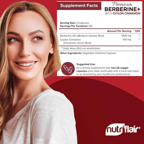 NutriFlair Premium Berberine HCL 1200mg - 120 Capsules with Pure True Ceylon Cinnamon for Immune System & Healthy