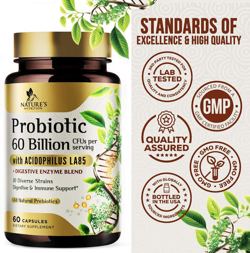 Probiotics 60 Billion CFU - 10 Probiotic Strains, Prebiotics, & Digestive Enzymes - Supports Immune & Digestive Health