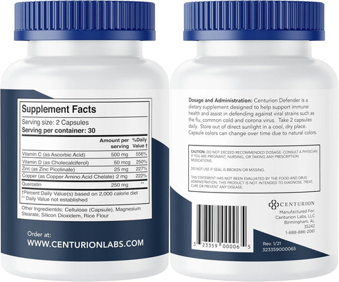 Defender Immunity Boost, 5-in-1 Powerful Blend of Quercetin, Zinc, Vitamin D, Vitamin C, Copper to Help Support Overall Health, 60 Caps