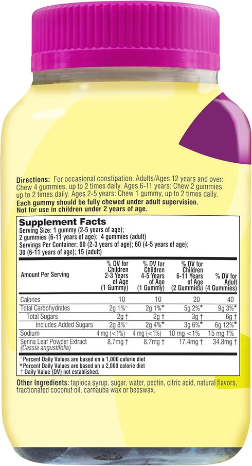 Senokot Dietary Supplement Laxative Gummies, Mixed Berry Flavor, Natural Senna Extract, 60 Count for Gentle Overnight
