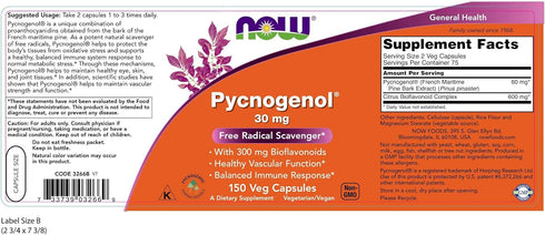 NOW Foods Pycnogenol 30 mg, Unique Combination of Proanthocyanidins from French Maritime Pine, 150 Veg Capsules