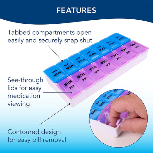 Apex Twice-A-Day Medicine Pill Organizer - Weekly Pill Dispenser, 2 Times-A-Day Vitamin Organizer, Color-Coded with
