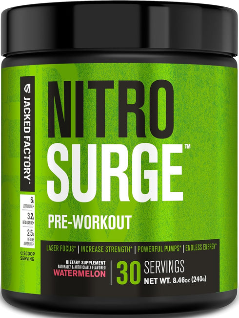 Jacked Factory NITROSURGE Pre Workout Supplement - Watermelon, 30 Servings, Clear Focus, Intense Pumps, NO Booster &