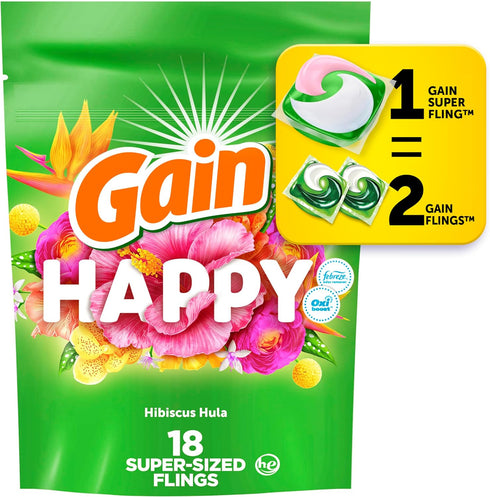 Gain Super Sized Flings Laundry Detergent Pacs - 18 Count | 3-in-1 with Febreze and Oxi, Happy Scent